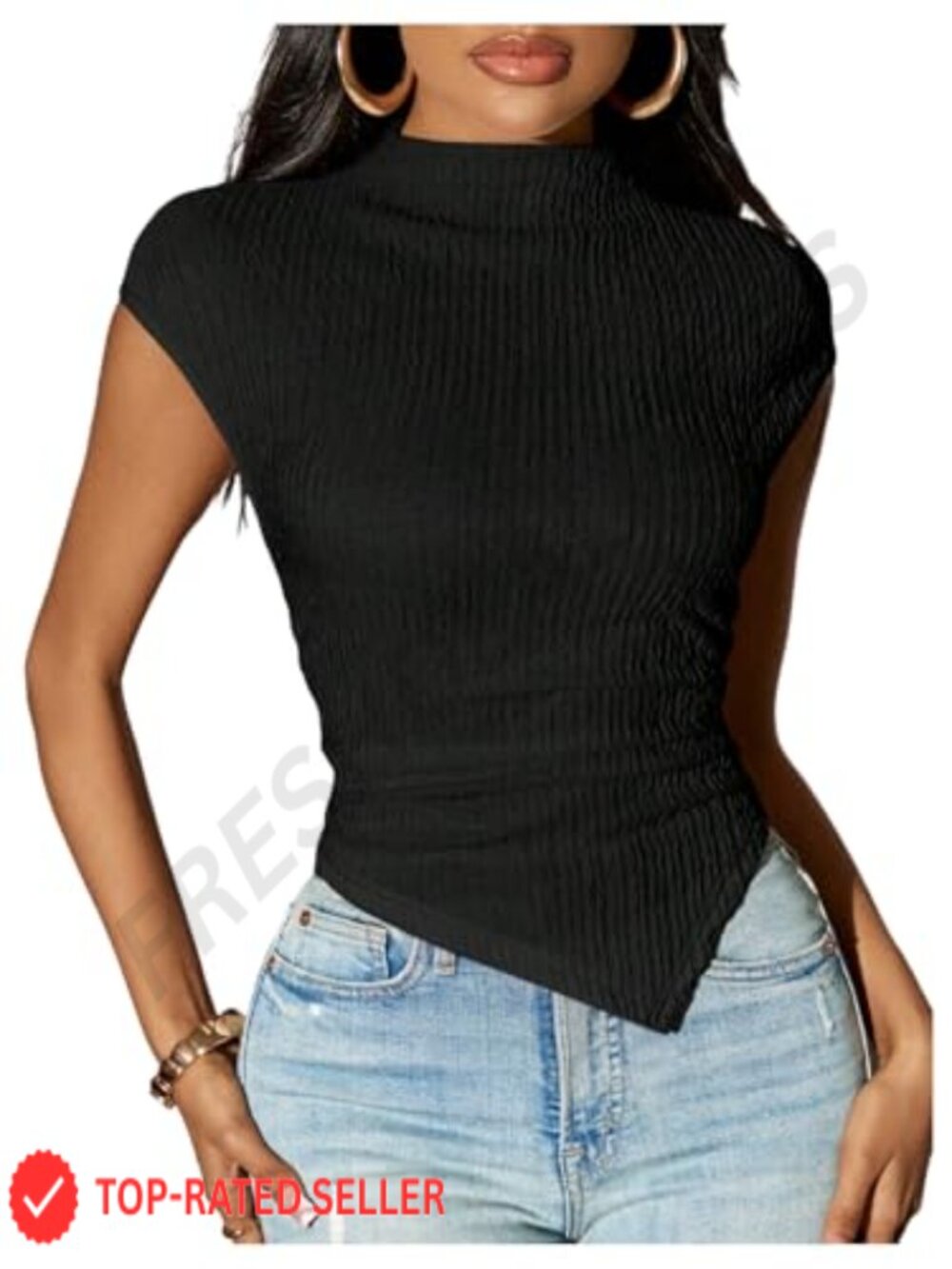 Women's Ruched Asymmetrical Blouse Mock Neck Cap Sleeve Slim Fit Top